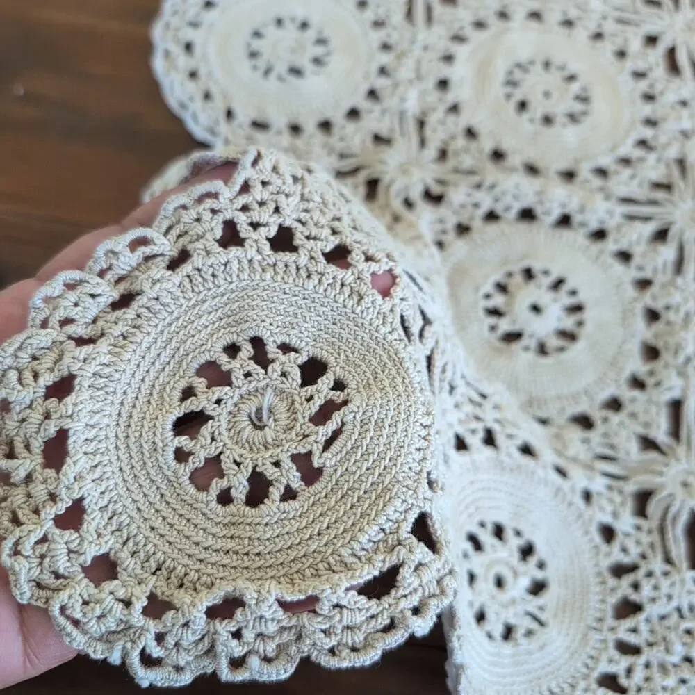 Vintage Handmade Crocheted Cotton Table Runner - Dresser Scarf, 19